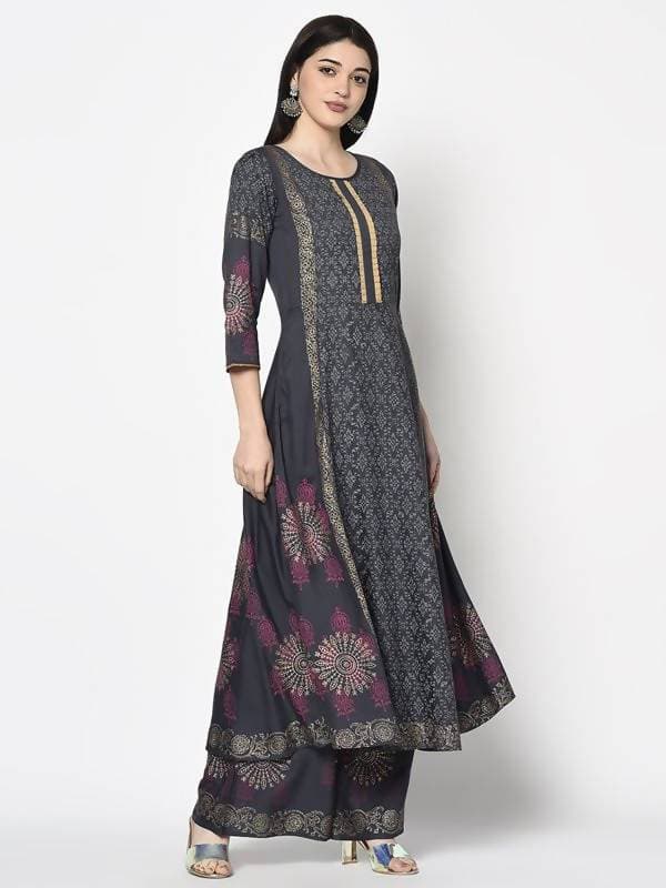 Aniyah Rayon Dark Grey Color Block Print Anarkali Kurta (AN-200K)