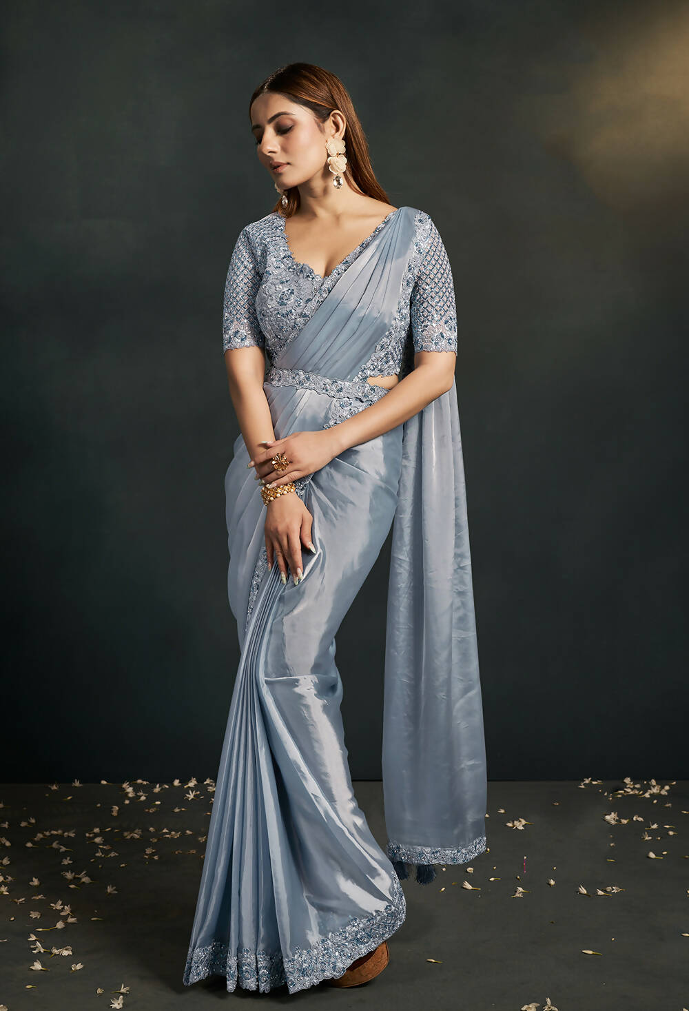 Grey Silk Crepe Satin Cord Sequence & Thread Embroidered & Stone Work Saree - Moh-Manthan Royal Enigma