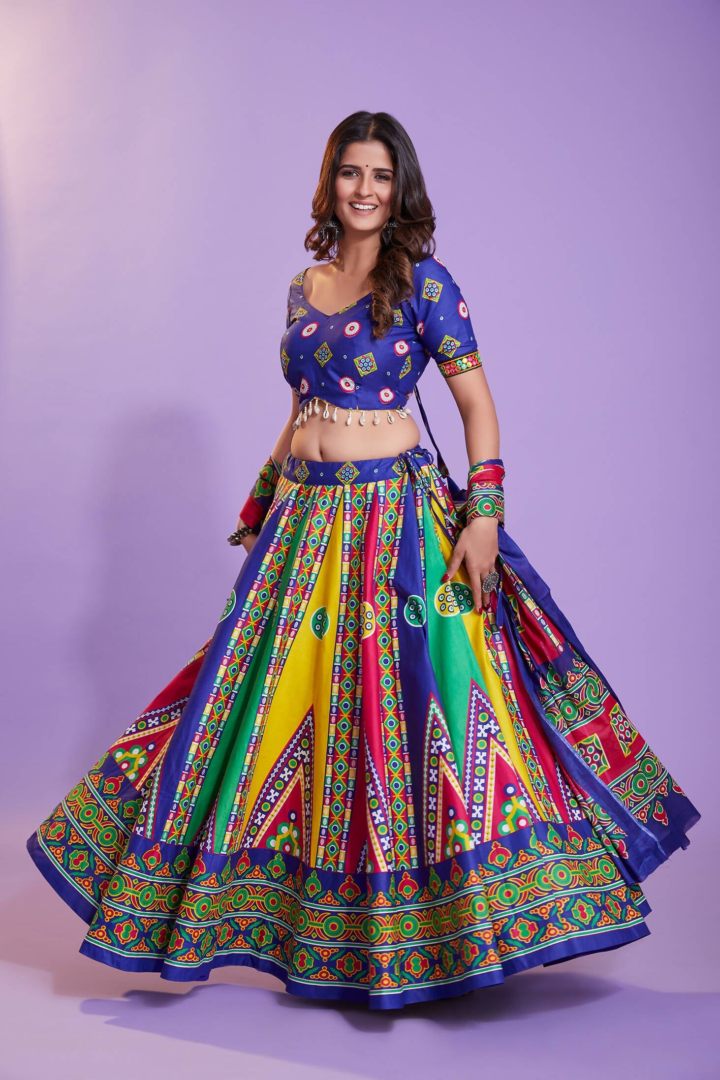 Multi Color Pure Cotton Hand Block Print Navratri Lehenga Choli with Dupatta - Raas
