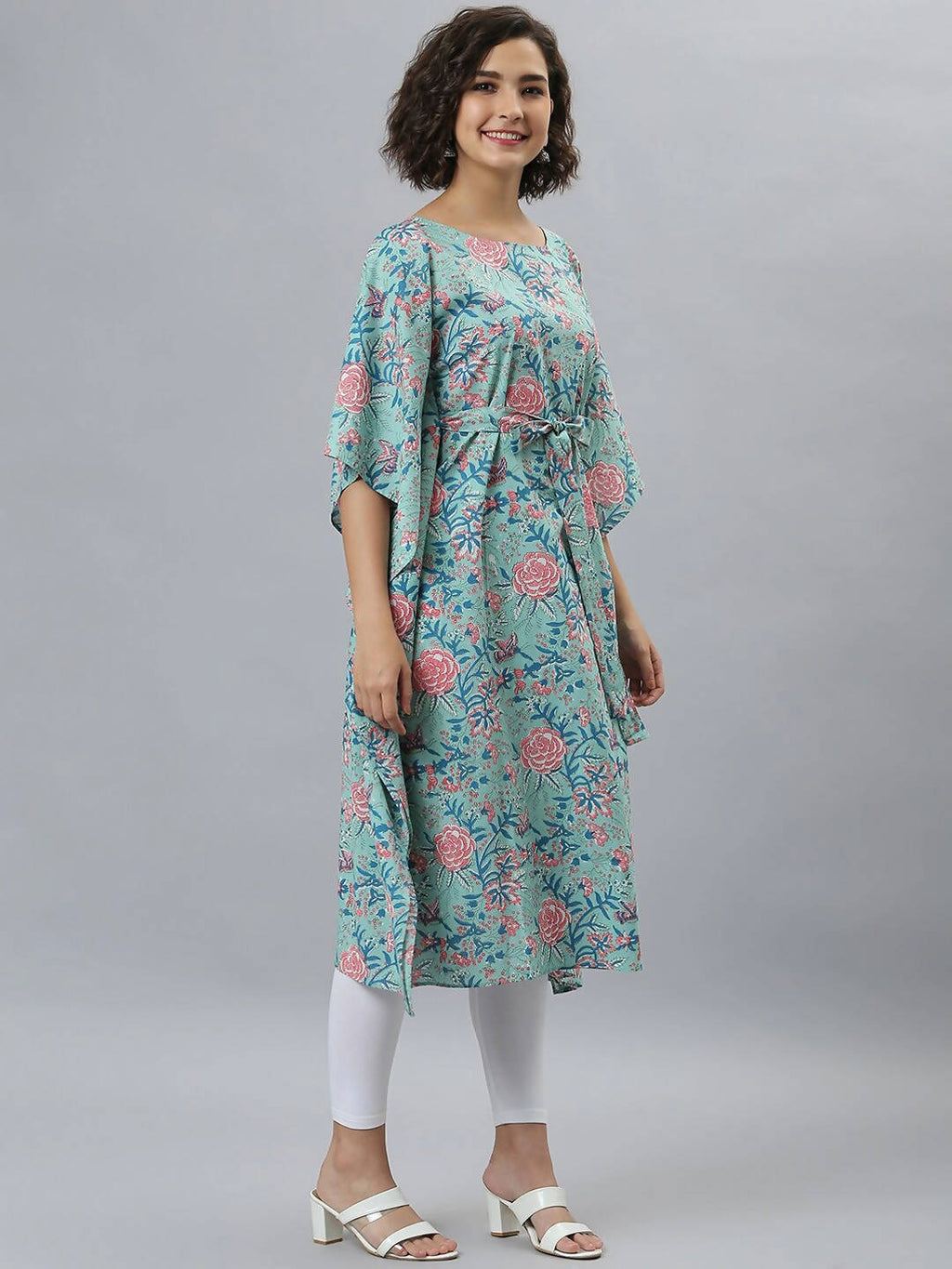 Janasya Sea Green Floral Printed Kaftan Kurta - Distacart