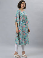Janasya Sea Green Floral Printed Kaftan Kurta - Distacart