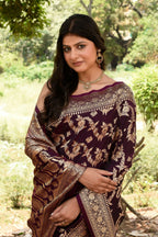 Joban Fashion Wine Banarasi Soft Pure Handloom Banarasi Silk Saree