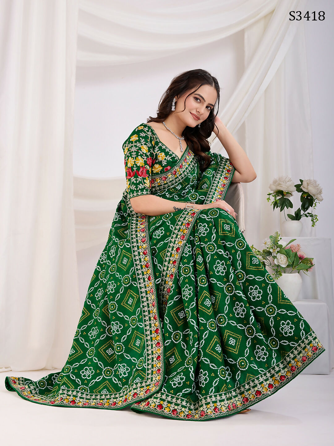 Green Vichitra Silk Bandhani Printed, Embroidery Work Saree - Ditya