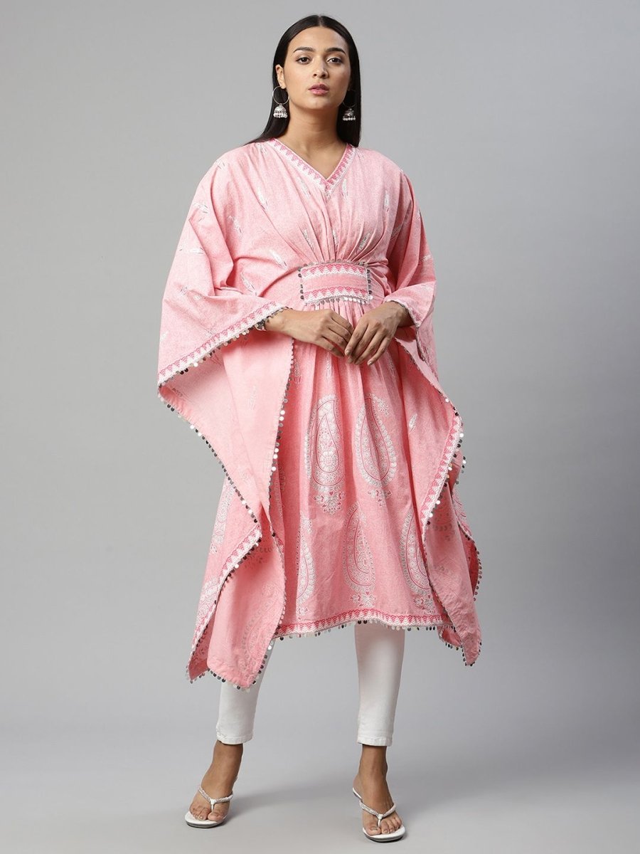 Ahalyaa Women Pink Pure Cotton Printed Kaftan Kurta