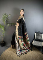 Joban Fashion Black Peacock & Floral Motifs Soft Lichi Silk Kanchipuram Saree - Distacart