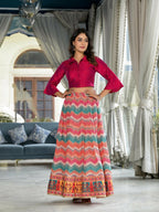 Juniper Women's Multi Ethnic Motif Printed Cotton Crop Top And Skirt With Lace & Button Detail