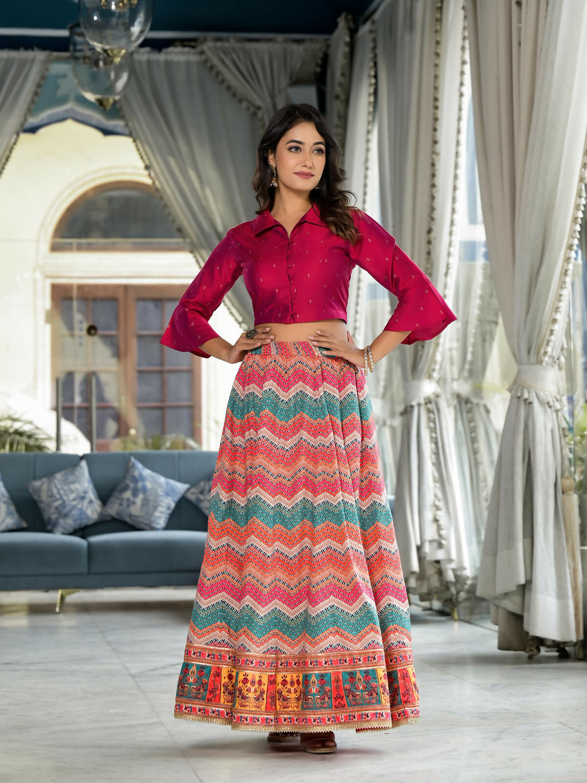 Juniper Women's Multi Ethnic Motif Printed Cotton Crop Top And Skirt With Lace & Button Detail