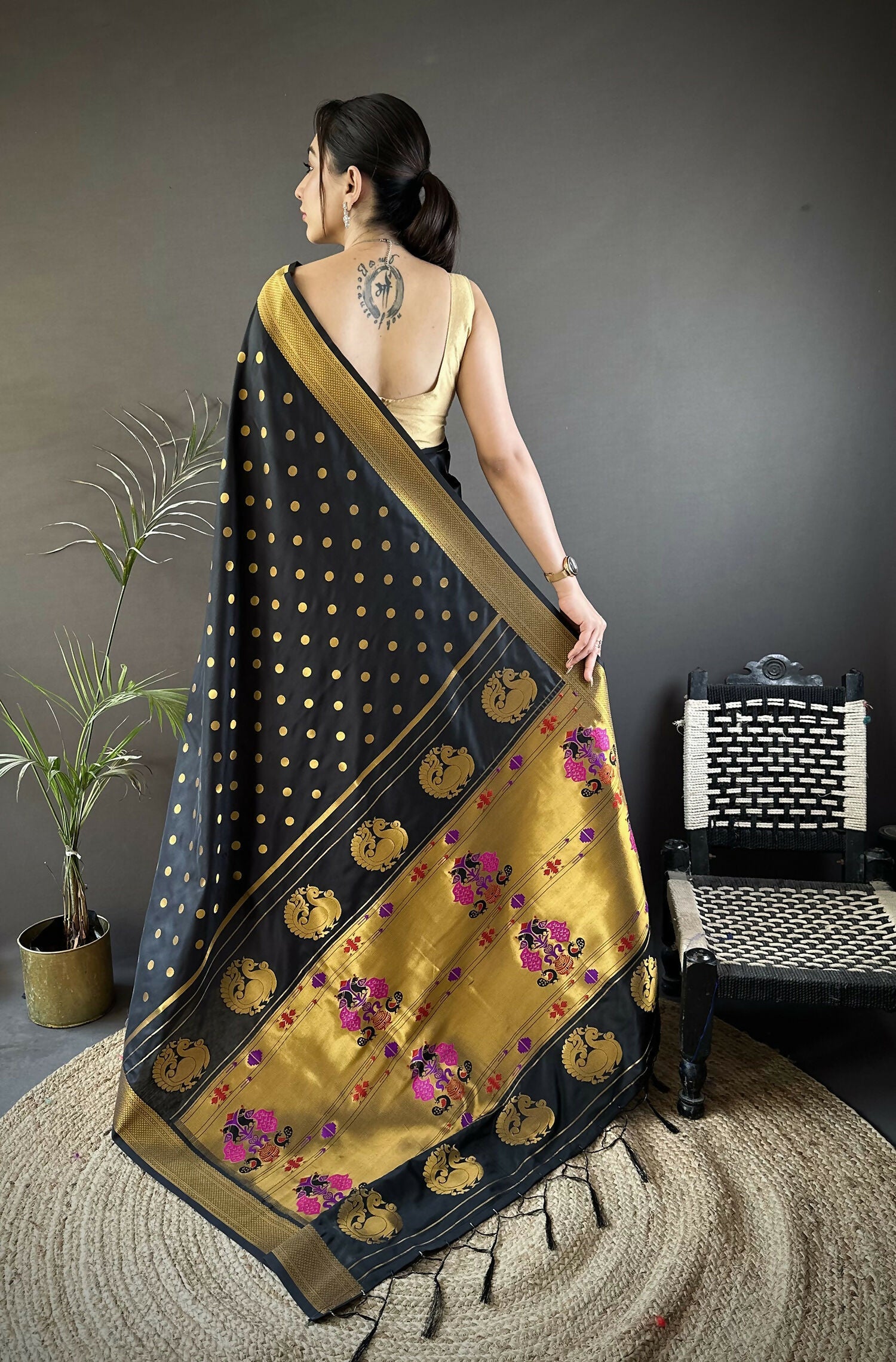 Joban Fashion Black Polka Dot Lichi Silk Paithani Silk Saree - Distacart