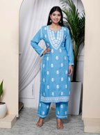 Miravan Women's Chikankari Embroidery Sky Blue Straight Kurta And Palazzo