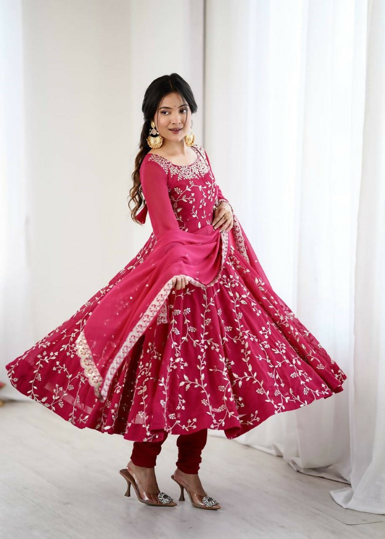 Teeya Creation Red Color Heavy Faux Georgette Embroidery Work Gown - Distacart