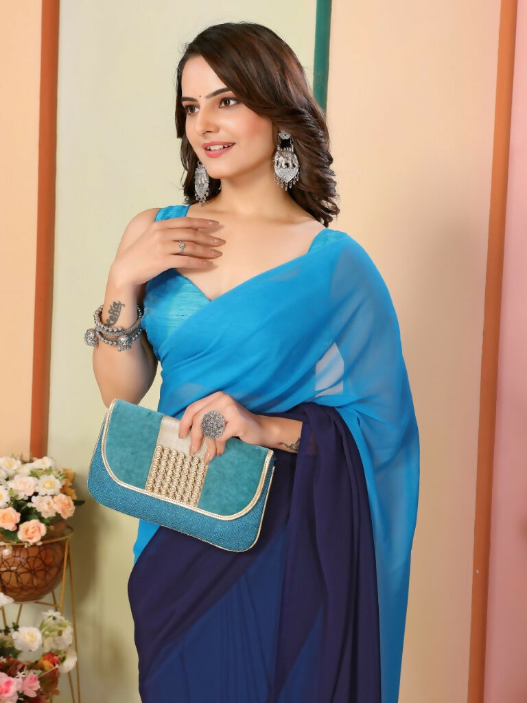 Blue Georgette Pedding Color Printed Ready To Wear Saree - Aalaya