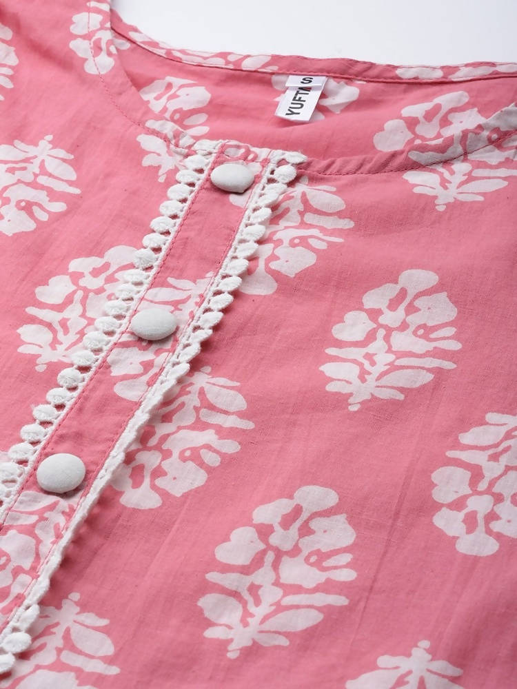 Yufta Pink and White Block Print A-line kurta with Palazzo & Dupatta Set