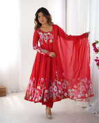 The52 Women's Gorgeous Floral Printed Organza Silk Fabric Flared Anarkali Pant and Dupatta Set - Distacart