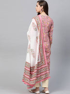 Yufta Women Pink & Yellow Handblock Printed Pure Cotton Kurta with Trouser & Dupatta