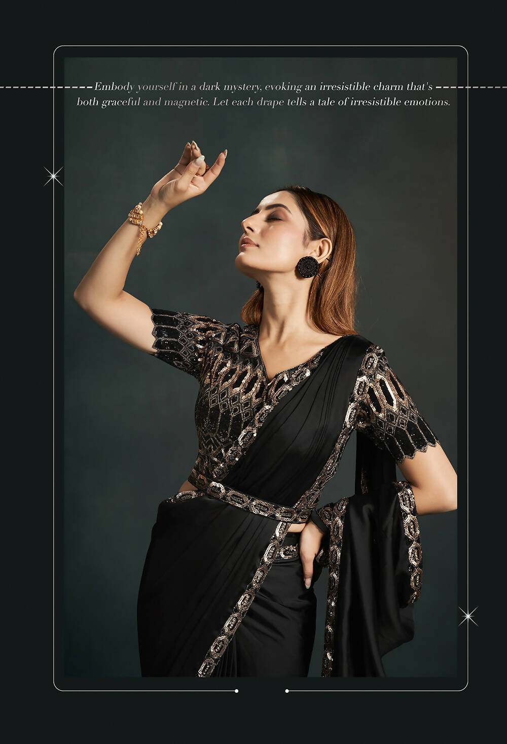 Black Satin Silk Crepe Cord Sequence & Thread Embroidered & Stone Work Saree - Moh-Manthan Royal Enigma