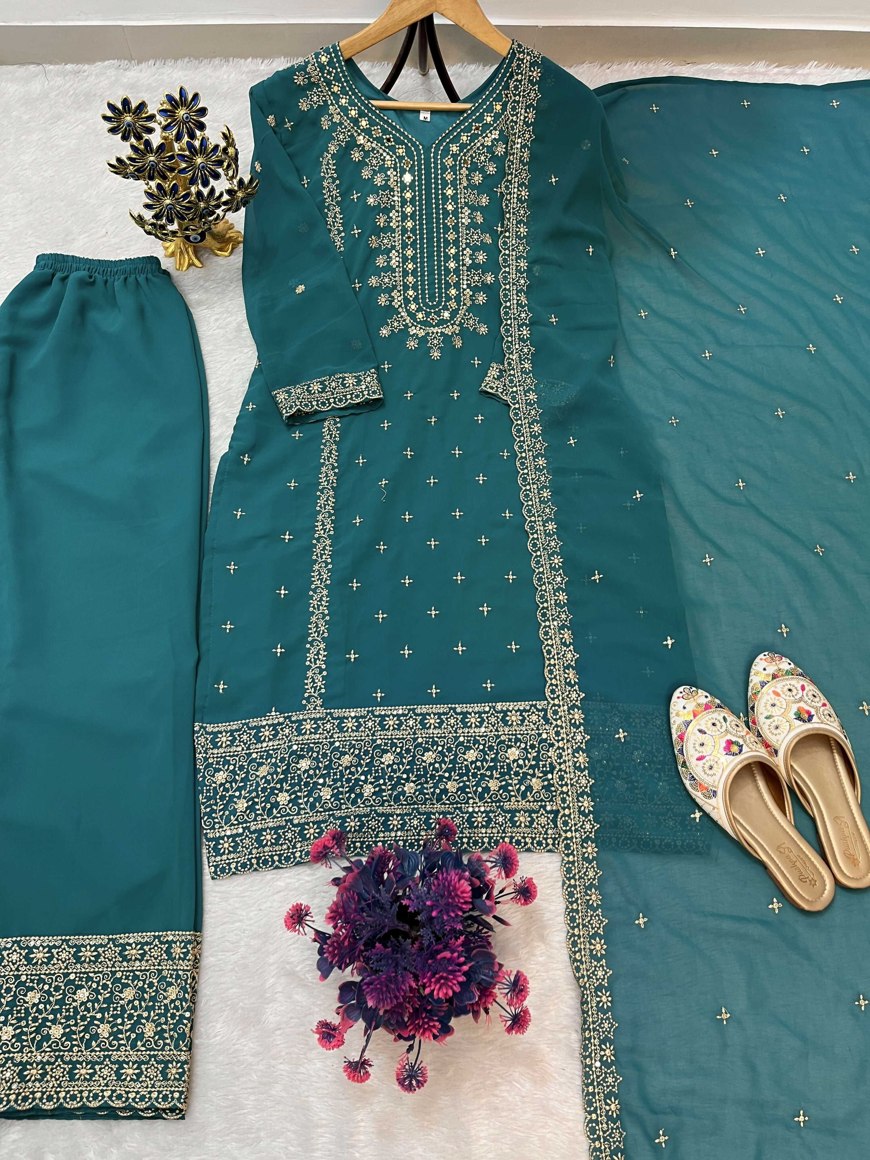 Teeya Creation Teal Color Faux Georgette Embroidery Work Party Wear Salwar Suit - Distacart