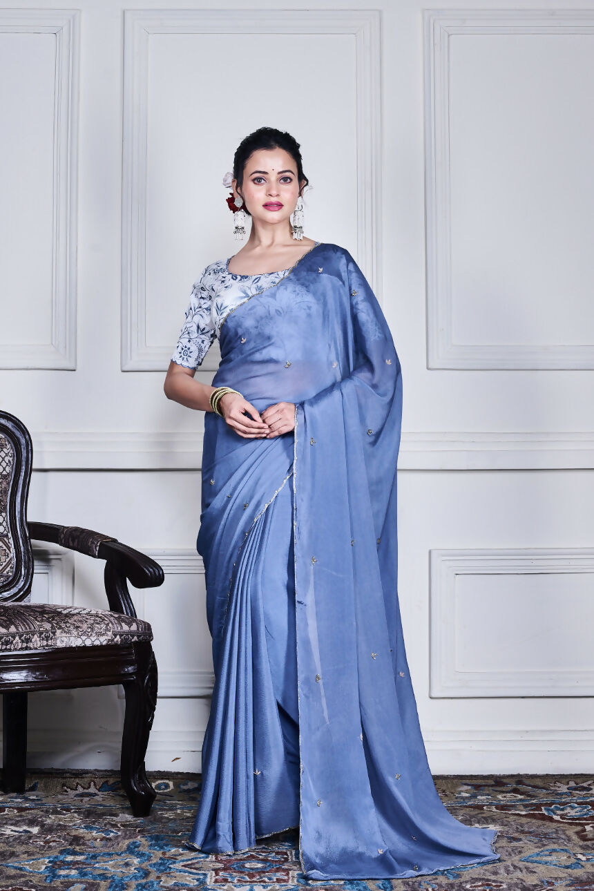 Morchari Grey Chiffon Hand Embroidery Saree And Stitched Blouse - Distacart