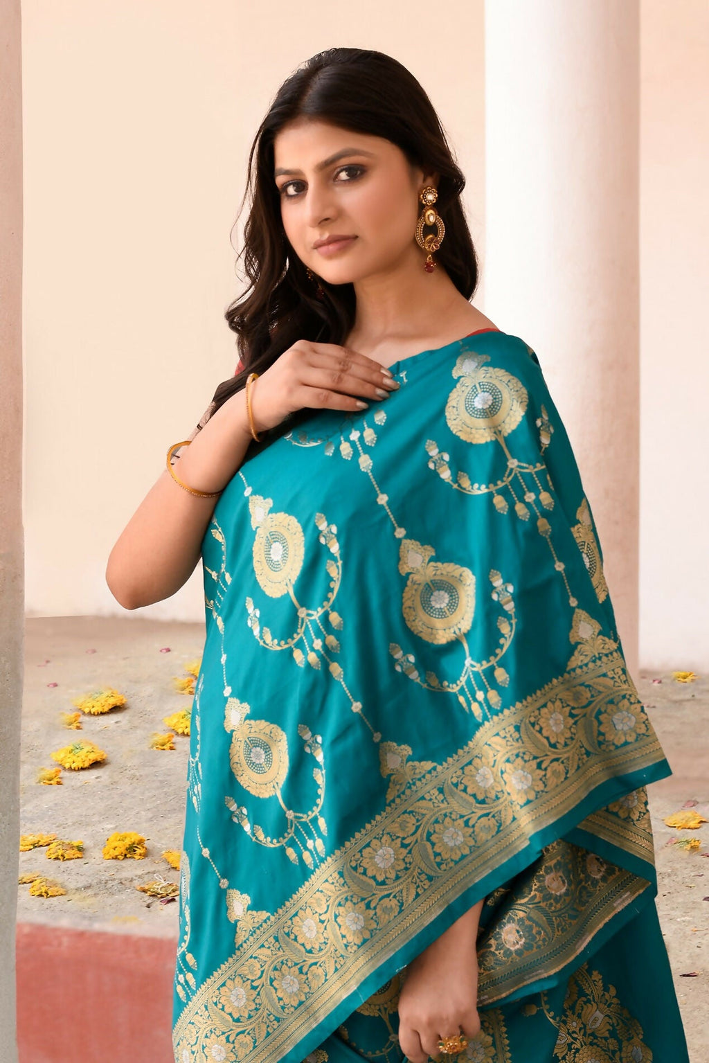 Joban Fashion Teal Green Banarasi Soft Pure Handloom Banarasi Silk Saree