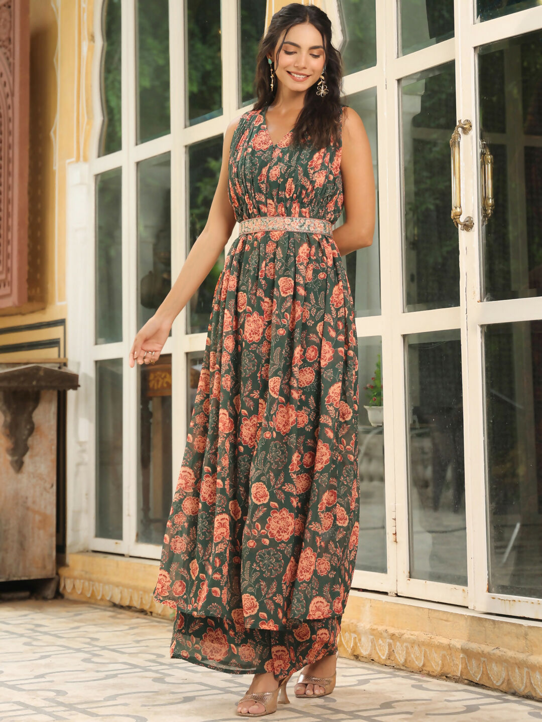 Janasya Green Georgette Floral Kurta & Bottom