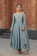 The52 Teal Blue Women's Gorgeous Vichitra Silk Fabric Embroidered Work Flared Anarkali Pant and Dupatta Set - Distacart