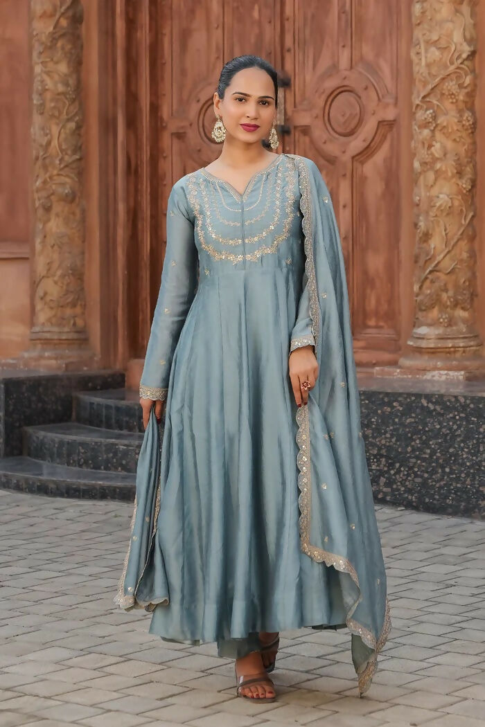 The52 Teal Blue Women's Gorgeous Vichitra Silk Fabric Embroidered Work Flared Anarkali Pant and Dupatta Set - Distacart