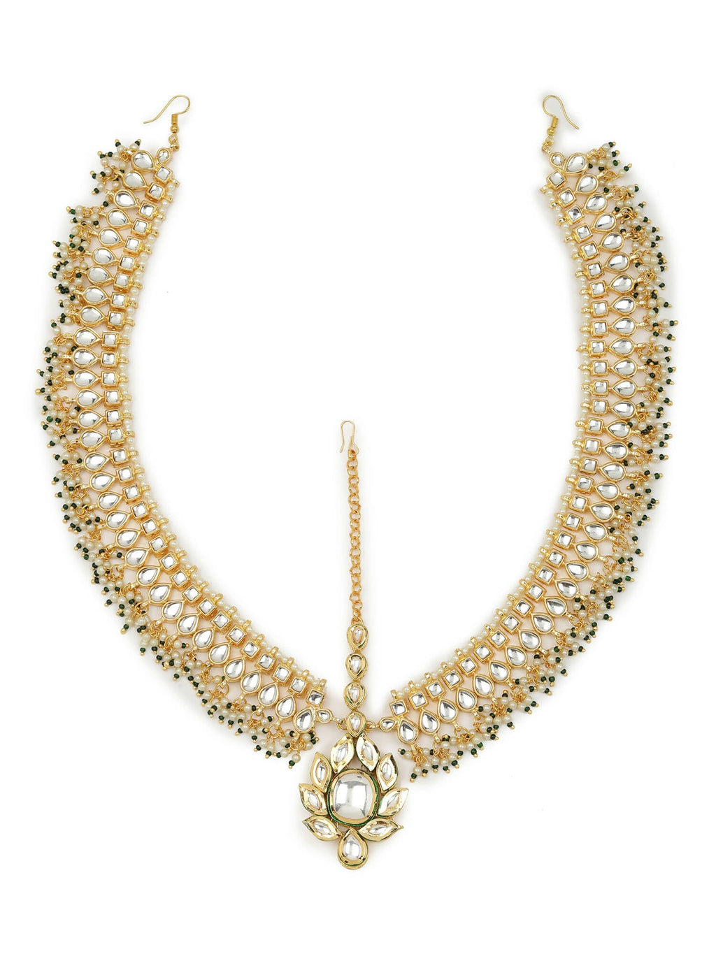 Gold-Plated Green White Kundan-Studded Beaded Matha Patti - Ruby Raang - Distacart