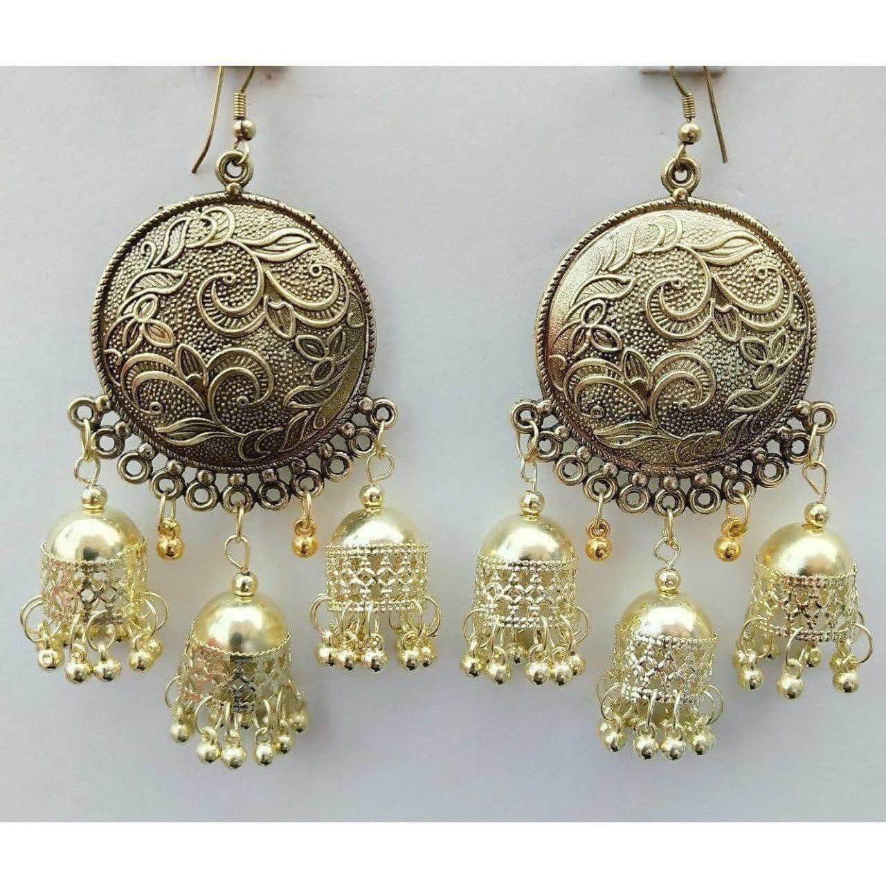 Gold Plated Triple Jhumka Round Shape Chandbali Earrings
