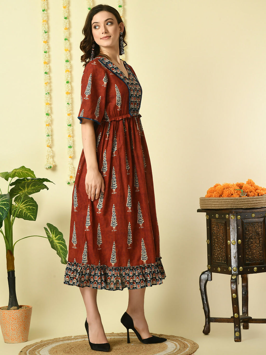 Myshka Women's Rust Printed Cotton Party Dress - Distacart
