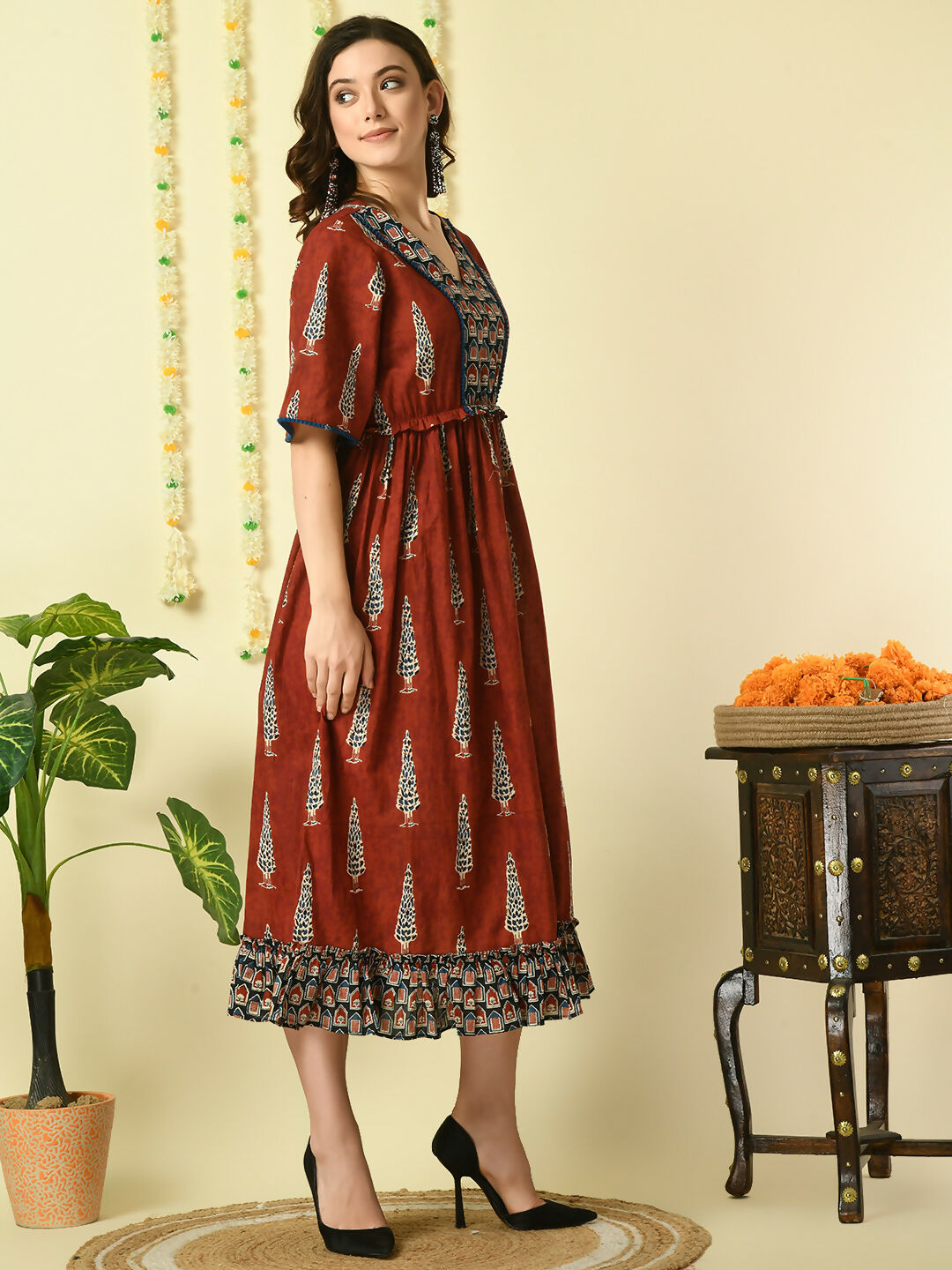 Myshka Women's Rust Printed Cotton Party Dress - Distacart
