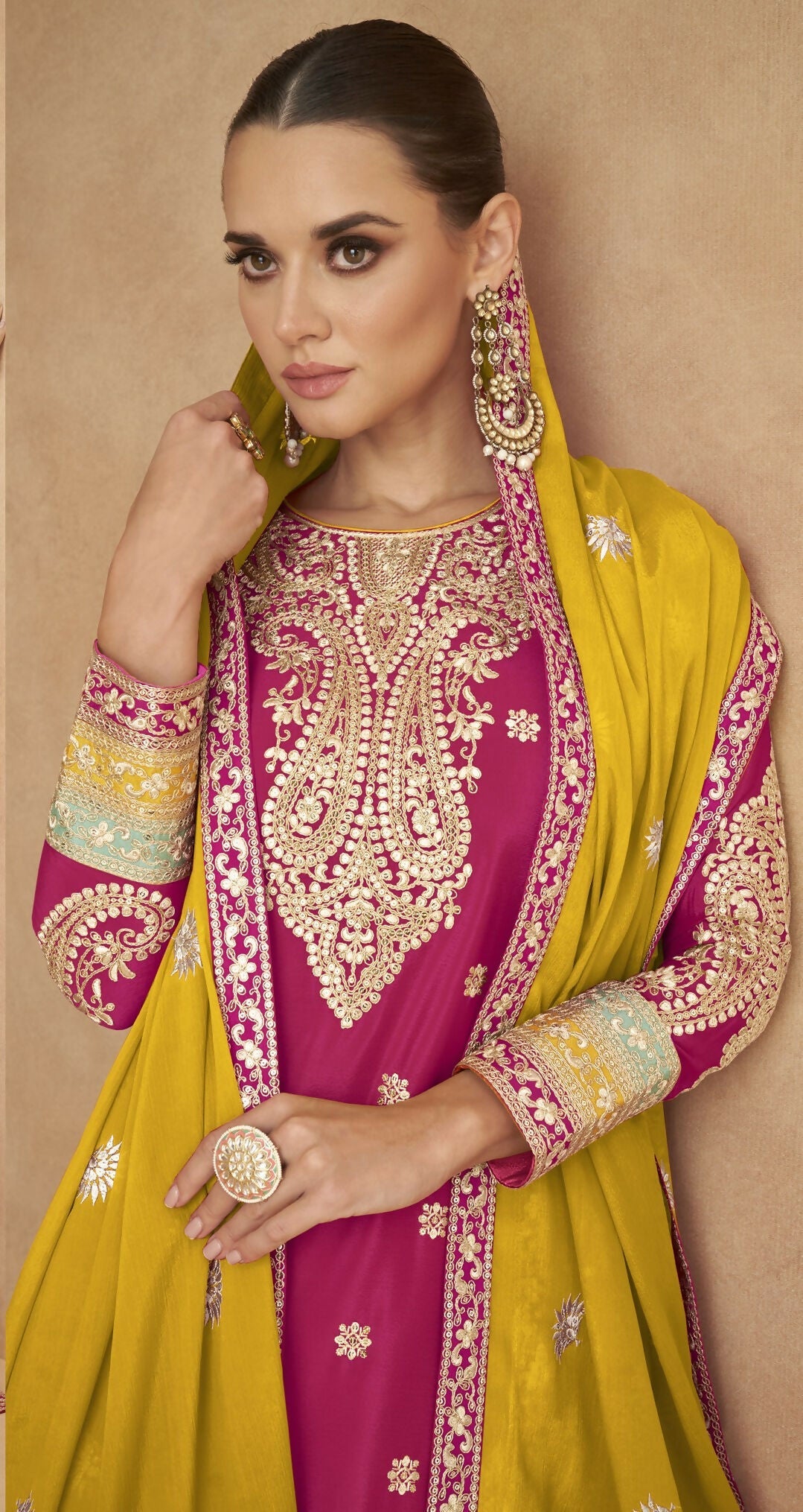 Anaita Red Chinon Suit with Embroidery Coding Sequence Work - Distacart