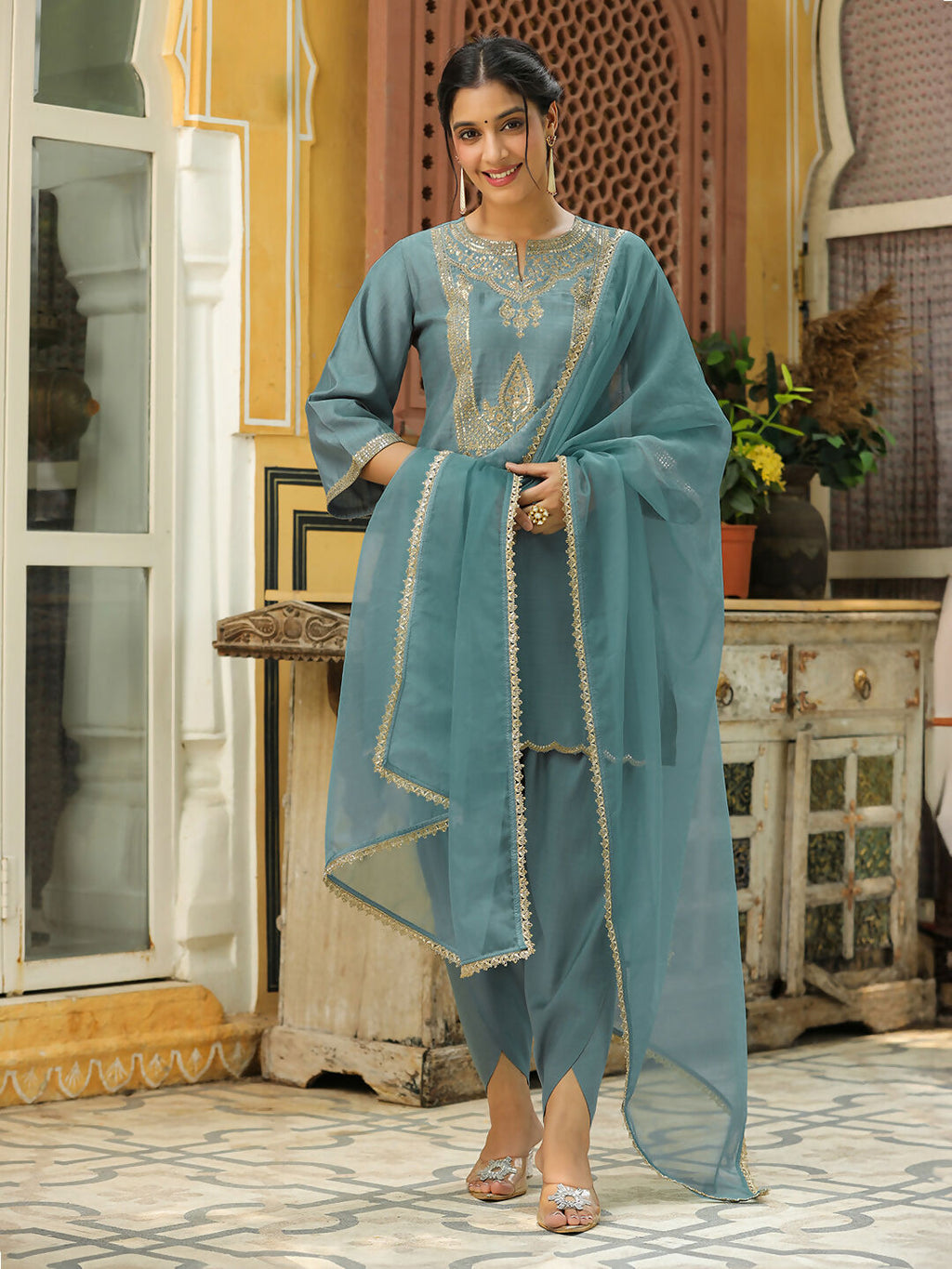 Janasya Light Blue Silk Blend Solid Kurta,Bottom & Dupatta
