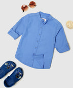 Manet Boys Mandarin Collar Full Sleeves Melange Shirt - Light Blue