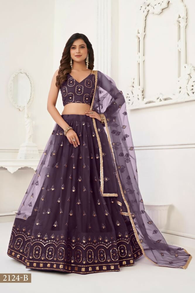 Aastha Fashion Dusty Wine Butterfly Net Tone To Tone Thread Work And Sandwich Sequence Work Embroidery Wedding Wear Lehenga Choli