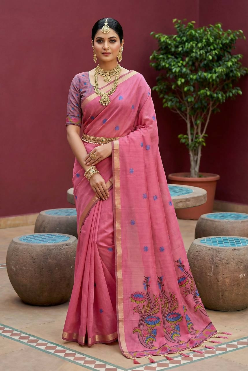 Vastranavya Pink Muga Cotton Meenakari & Azarakh Pallu Saree with Contrast Blouse - Distacart