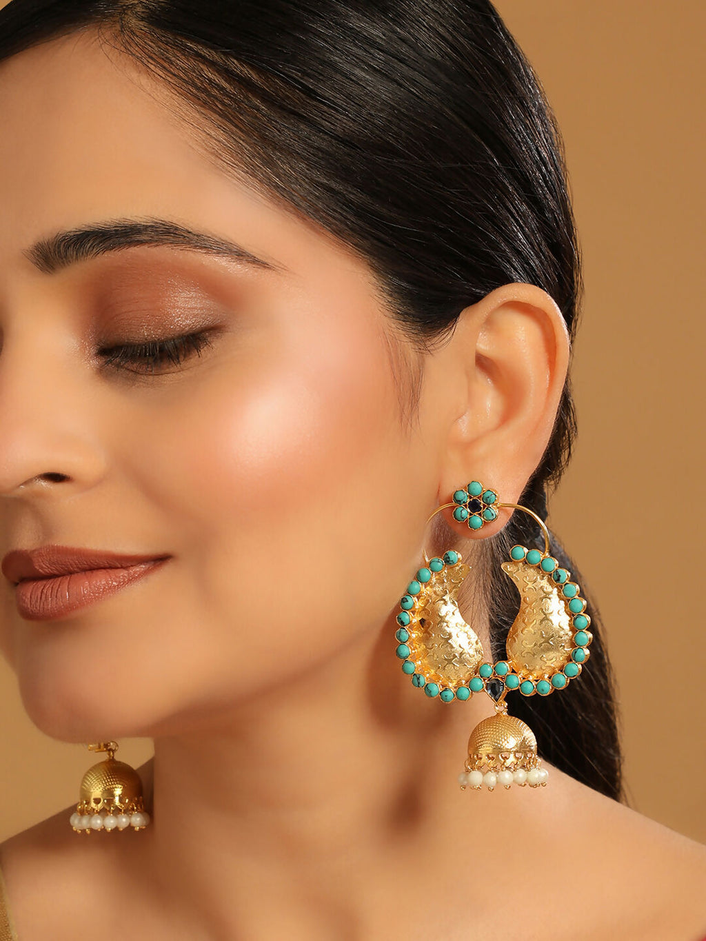Nuyug 22K Gold Plated Turquoise Stone Studded Contemporary Mini Jhumki Dangler Earrings - Distacart