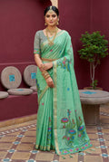 Vastranavya Turquoise Muga Cotton Meenakari & Azarakh Pallu Saree with Contrast Blouse - Distacart