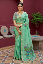 Vastranavya Turquoise Muga Cotton Meenakari & Azarakh Pallu Saree with Contrast Blouse - Distacart
