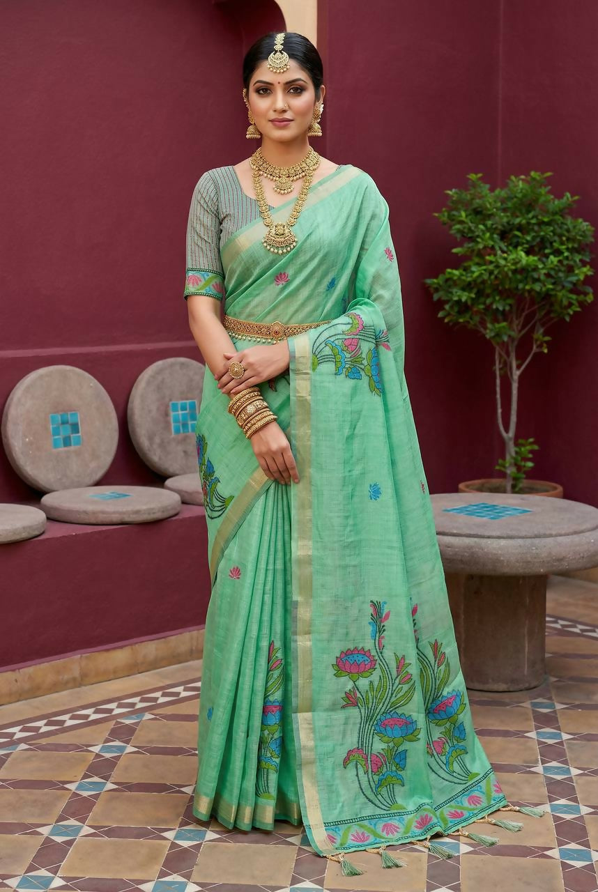 Vastranavya Turquoise Muga Cotton Meenakari & Azarakh Pallu Saree with Contrast Blouse - Distacart