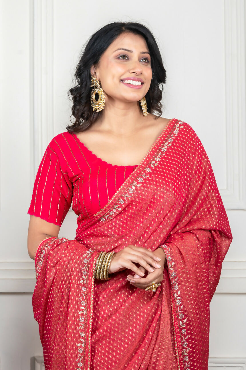 Morchari Pink Pure Chiffon Hand Embroidery Saree And Stitched Blouse - Distacart