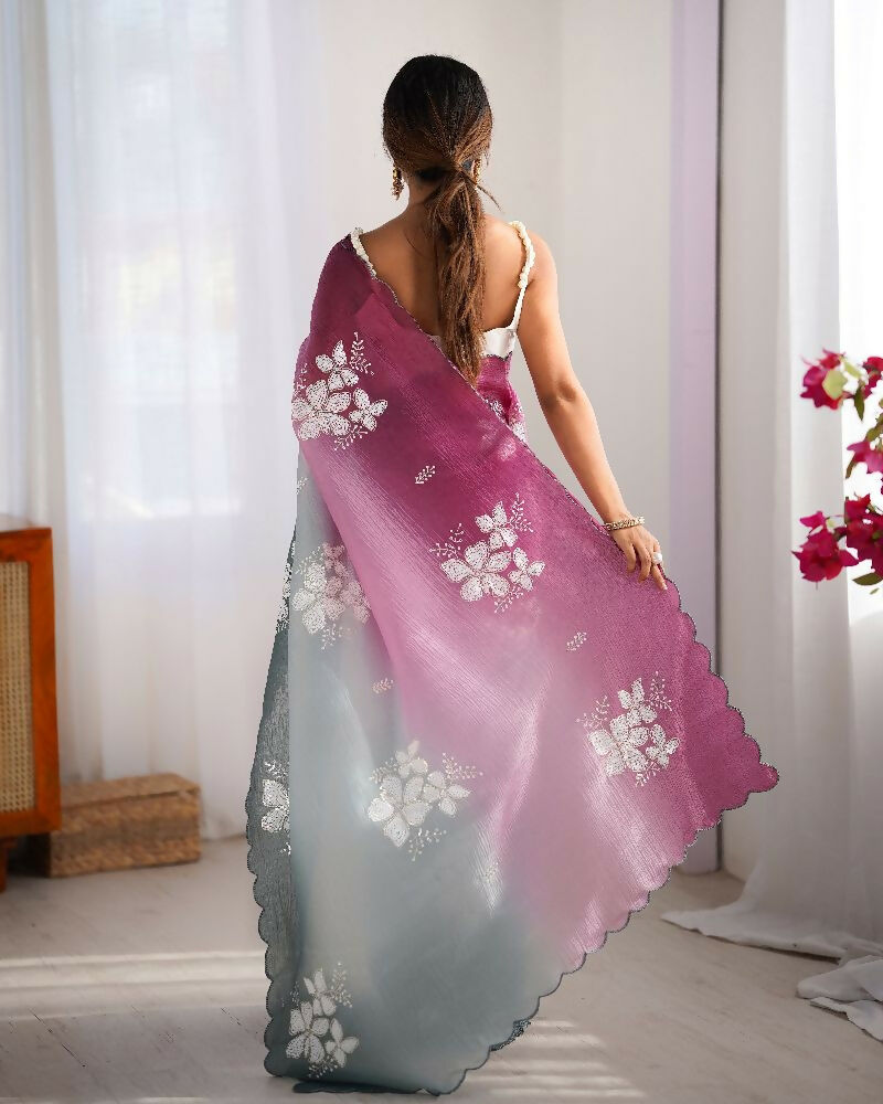Wine and Green Crunchy Crush Pedding Color Embroidery Work Party Wear Saree - Zuleika
