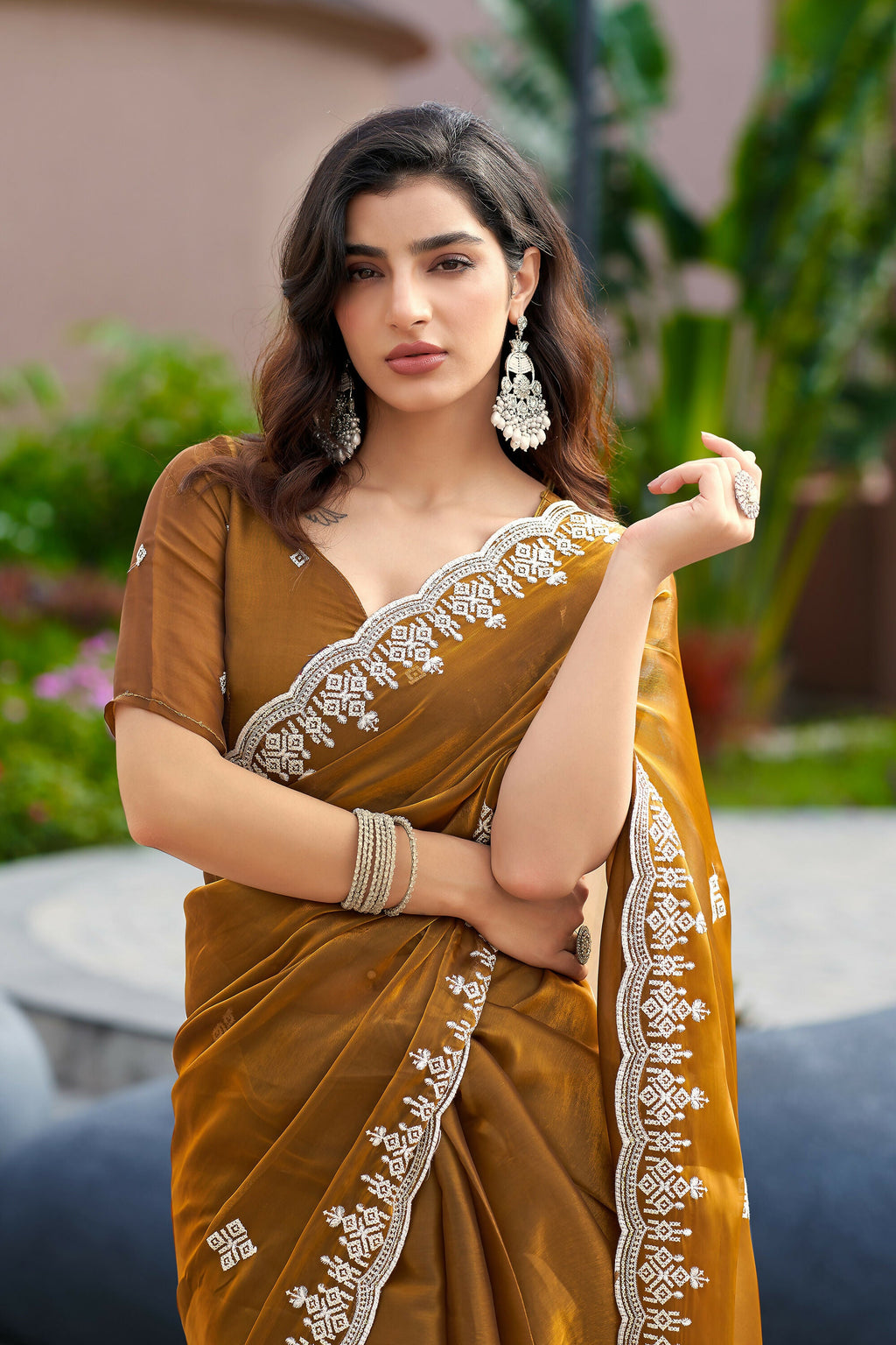 Vastranavya Brown Embroidery Work Shimmer Chiffon Saree with Unstitched Blouse - Distacart