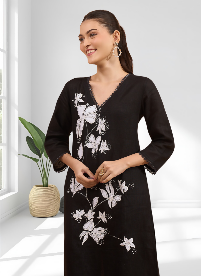 Joban Fashion Black Linen Embroidered Readymade Long Kurta With Pant - Distacart