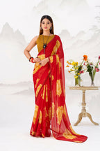 Vastranavya Red Floral Print with Lace Border work Chiffon Saree & Unstitched Blouse - Distacart