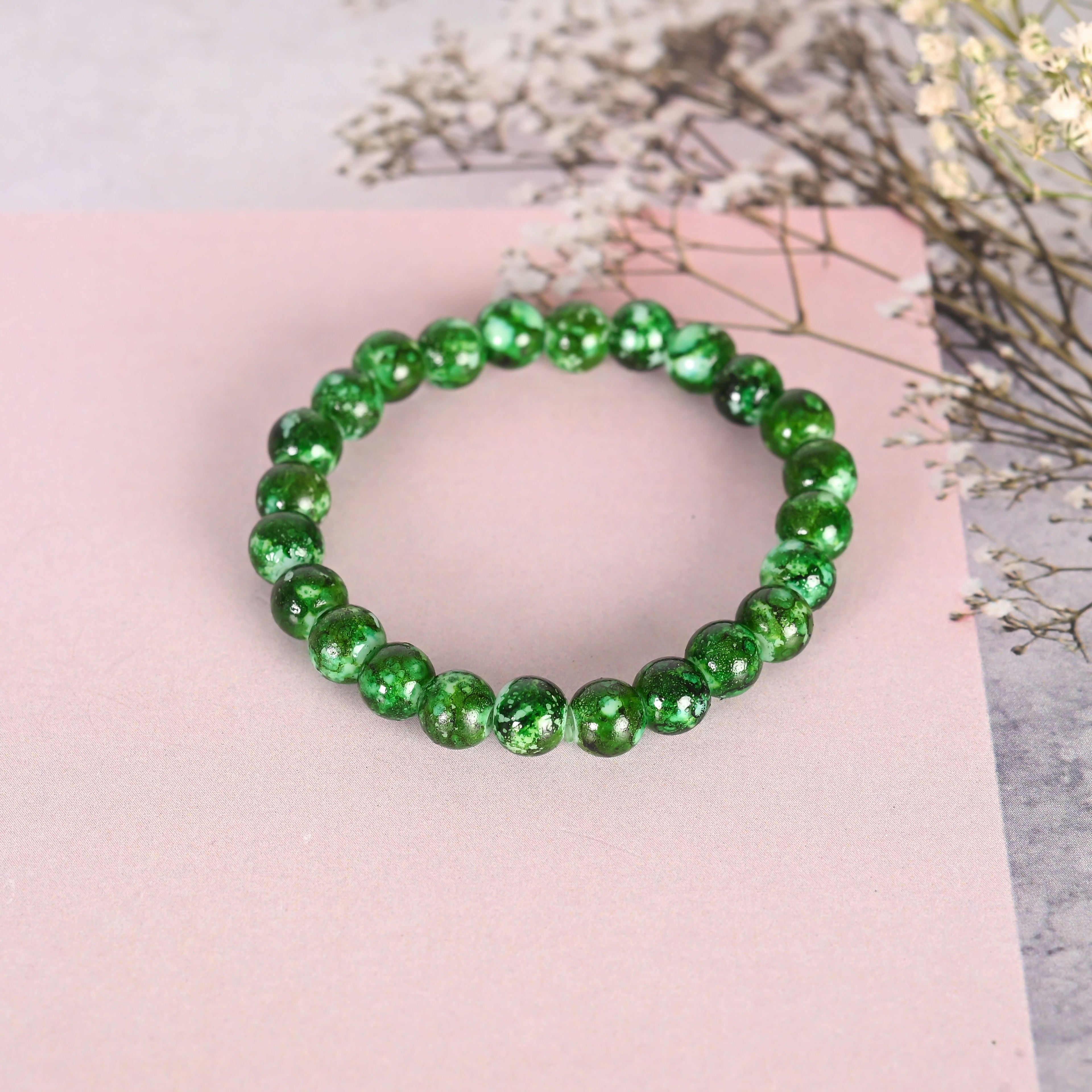 NVR Men & Women Green Marble Crystal Beaded Elasticated Bracelet - Distacart