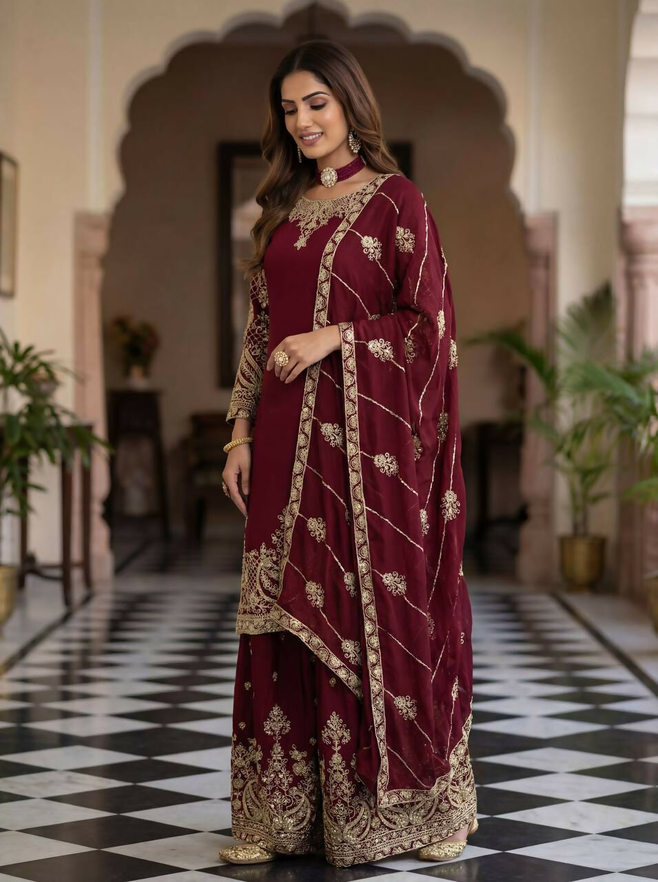 Joban Fashion Maroon Silk Embroidered Sharara Set - Distacart