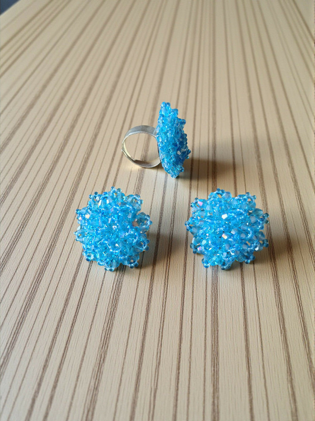 Inhanns Rangmani Crystal Duo – Adjustable Ring + Statement Earrings Set - Sky Blue - Distacart