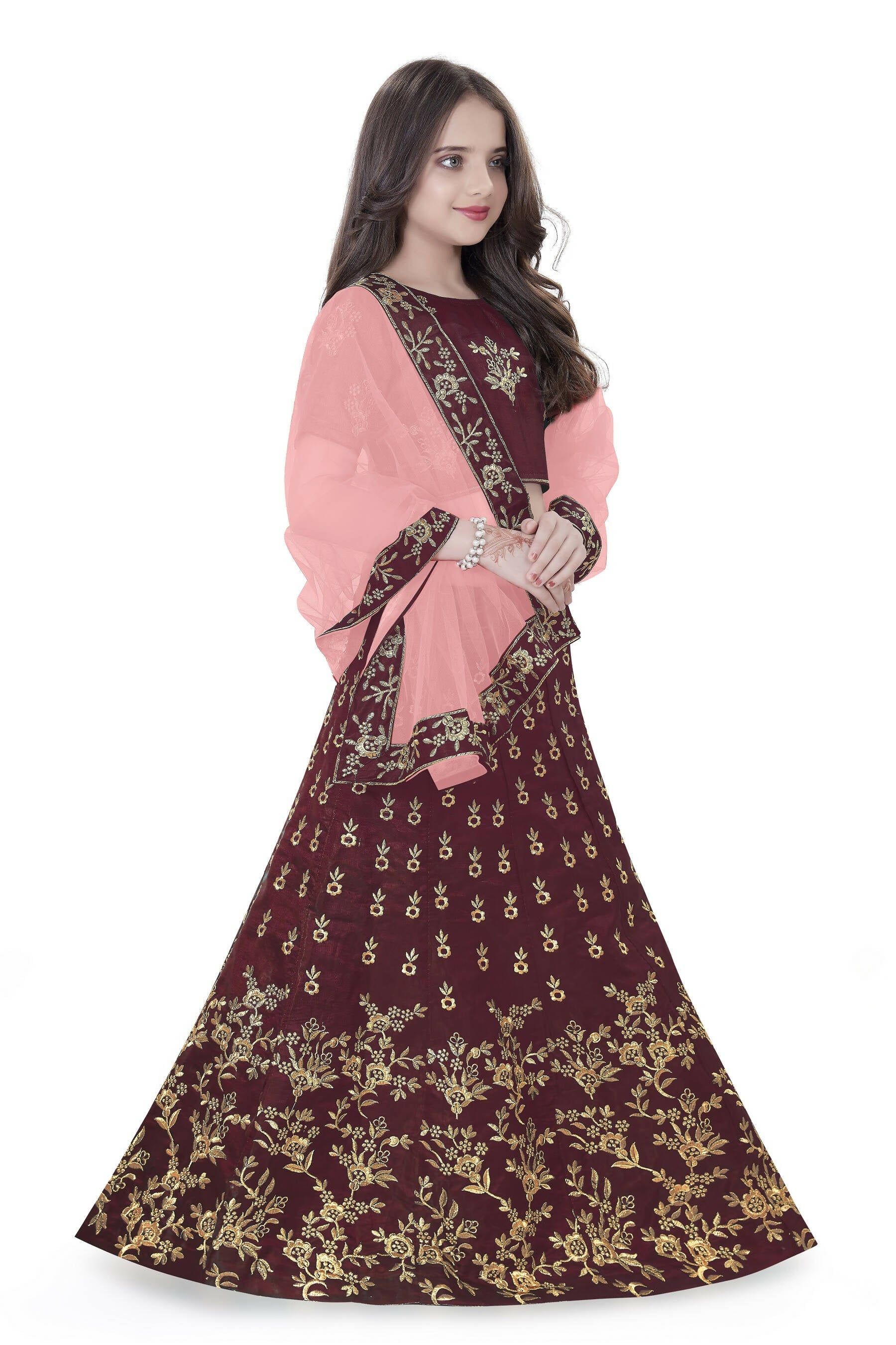 Dwiden Maroon Baby Doll Tafetta Sattin Semi-Stitched Girl's Lehenga Choli