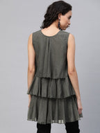 Ahalyaa Women Grey Chiffon Silver Glitter Printed Tiered Tunic
