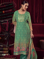 Jyoti Fashion Women's Green Organza Jacquard Woven Kurta with Trouser & Dupatta
