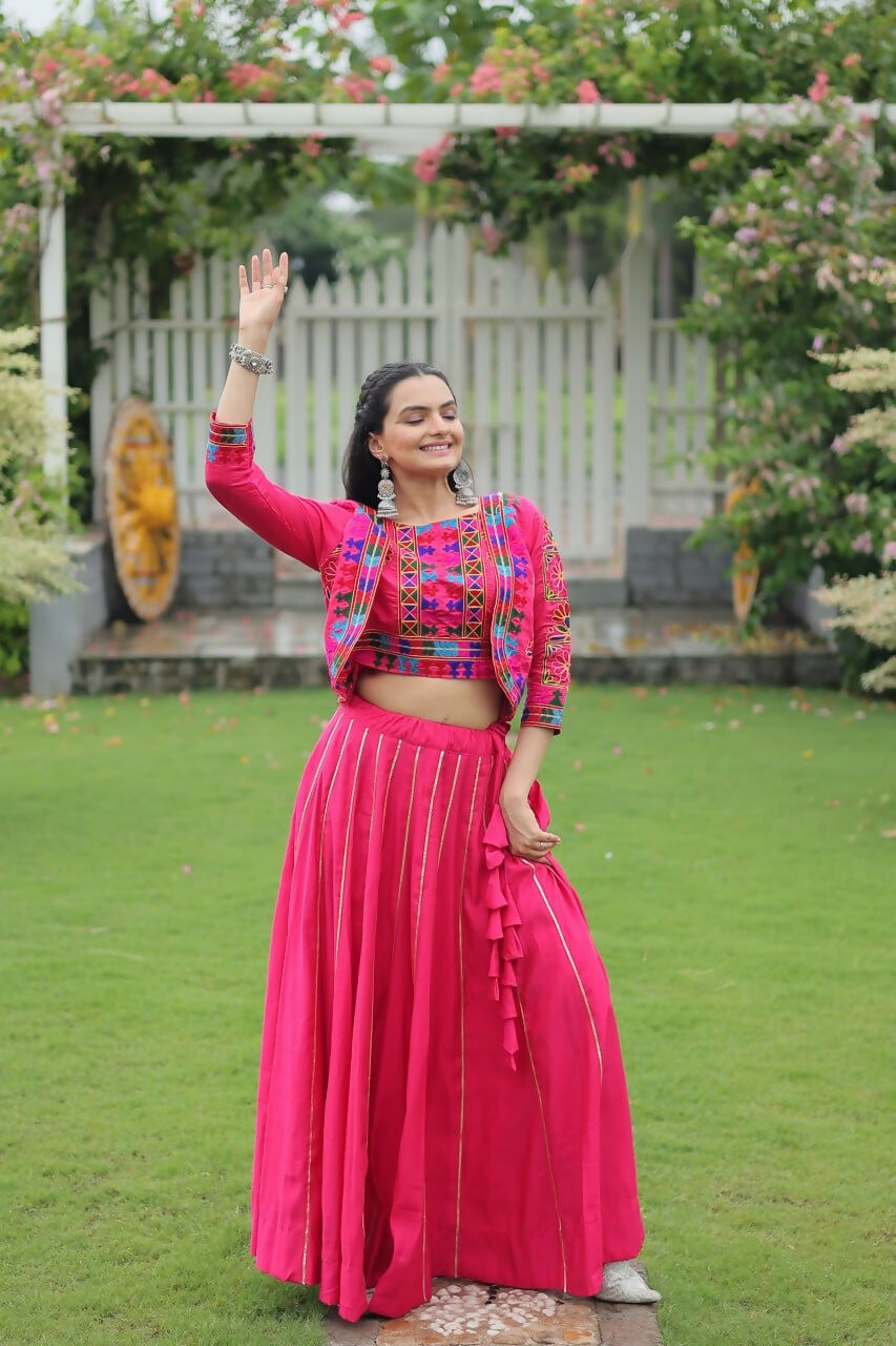 Teeya Creation Pink Colour Roman Silk With Gamathi Work Navratri Lehenga Choli